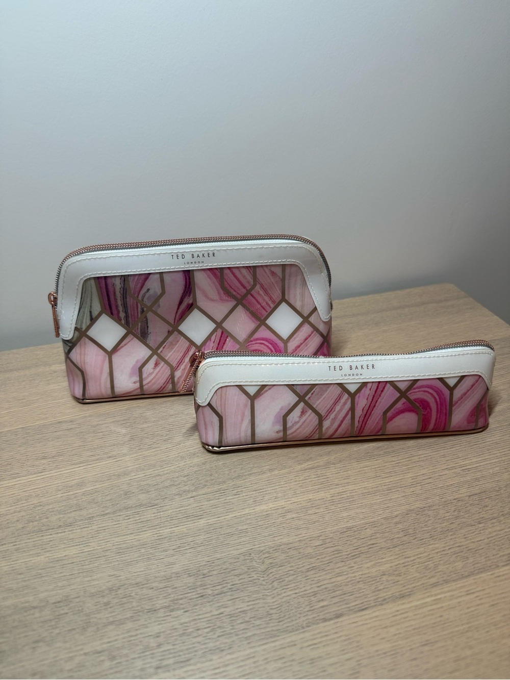Ted Baker Rose Pink Marble Cosmetic & Brush Pouch Set